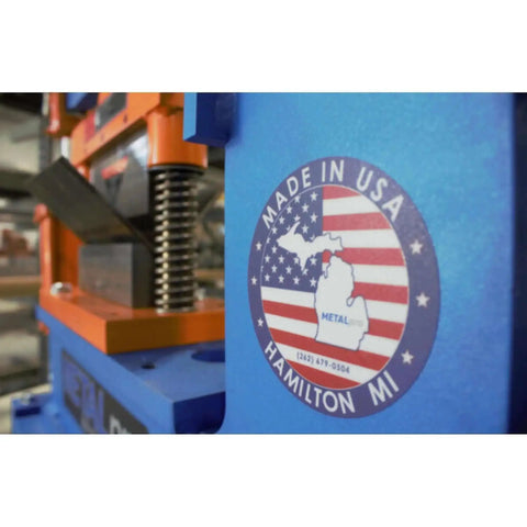 Close-up of the MP4110 8 Inch Sheet Metal Brake with Made in USA badge, 8 Inch Wide, Durable Orange Fabrication Tool for DIYers and Pros