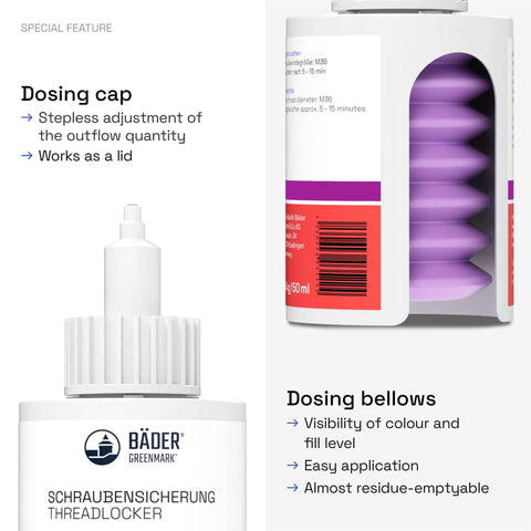 Low Strength Purple Thread Locker 50ml Bottle For All Metals And Large Threads, Heat Resistant, Waterproof, with Dosing Cap and Bellows