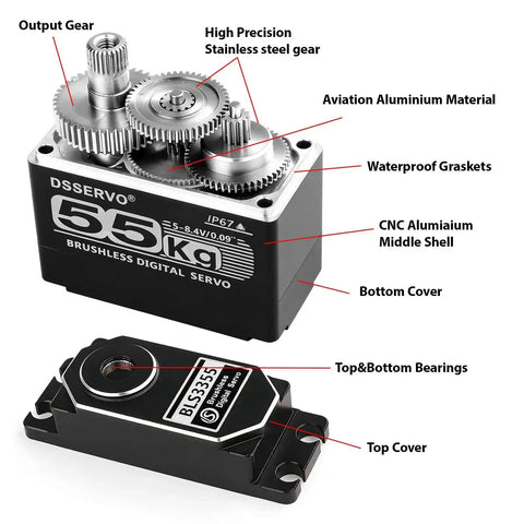 Heavy Duty Waterproof Brushless Servo With Full Metal Gears For 1 8 1 10 1 12 RC Cars High Torque Digital Servo with labeled parts