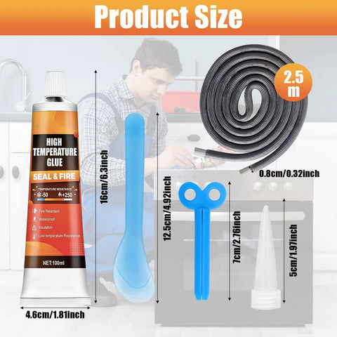 WANJAO wood stove gasket kit: 100ml high-temperature cement, 99in fiberglass gasket rope, scissors, spatula, and nozzle.