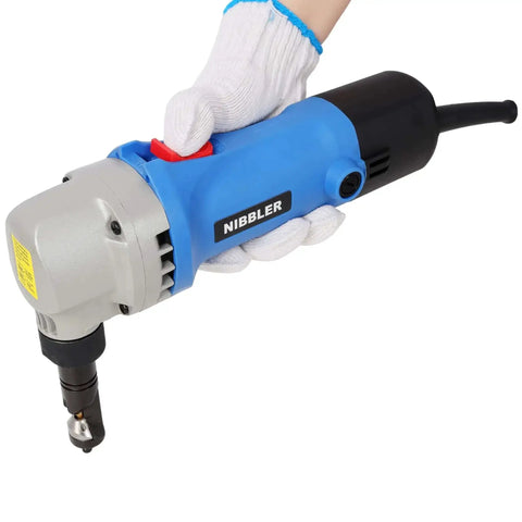 Person using Powerful 550W Sheet Metal Nibbler With 2000 RPM Speed And 360 Degree Rotation Cuts 16 Gauge Steel Aluminum Copper.