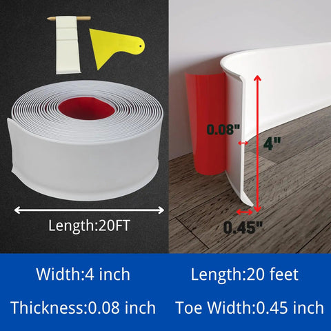 Self Adhesive Vinyl Wall Base Molding 4 Inch Wide 20 Feet White Peel And Stick Cove Base No Glue Needed Easy Install Durable Vinyl Trim COUKIU, roll and installed view showing dimensions.
