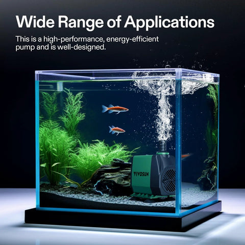 VIVOSUN 800GPH submersible water pump for fish tanks; green/black unit with bubbles and 3 nozzles.