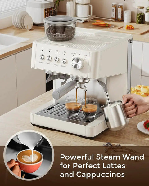 20 Bar Espresso Machine With Built-In Anti-Clog Grinder, Milk Frother And Tamping Tools For Latte Art, Barista-Grade Home Coffee Maker With Jam-Free Grinding And Turbo Chute For Mess-Free Shots shown in kitchen setting, steaming milk for cappuccinos.
