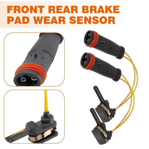 Brake pad wear sensor kit with black sensor housings, red seals and yellow wiring; shown with brake pad.