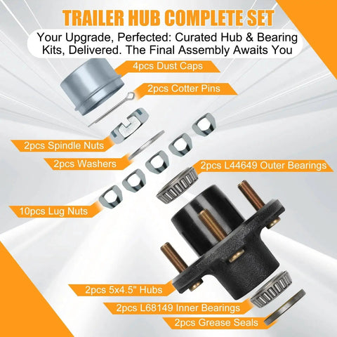 Exploded view of Trailer Hub Kit Five Bolt Four And A Half Inch 3500 Pound Capacity Fits One And One Sixteenth To One And Three Eighths Inch Tapered Spindle Five Lug Boat Trailer Hubs EZ Lube Axle Compatible With Dexter Al Ko Lippert Quality And Other Brands showing spindle nuts, bearings, dust caps, and lug nuts