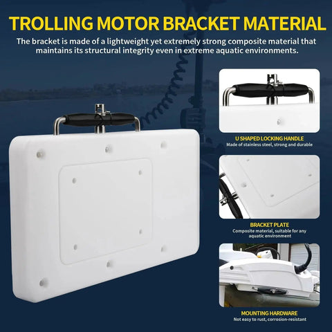 Quick Release Trolling Motor Mount Bracket For Ulterra Terrova PowerDrive V2 Riptide ST SP Deckhand 40 Electric Steer Mounting Plate 1854017 RTA 17 White No Fuss Quick Install Built Rock Solid shown with locking handle, composite plate, and mounting hardware.