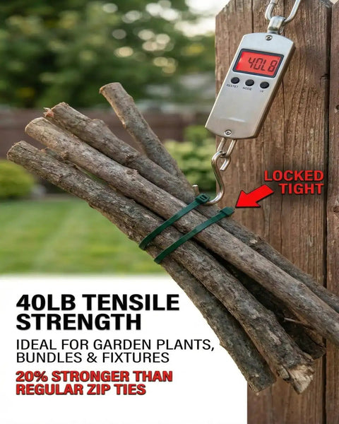 40 lb tensile strength zip ties securing branches with a tight lock, shown with measuring device