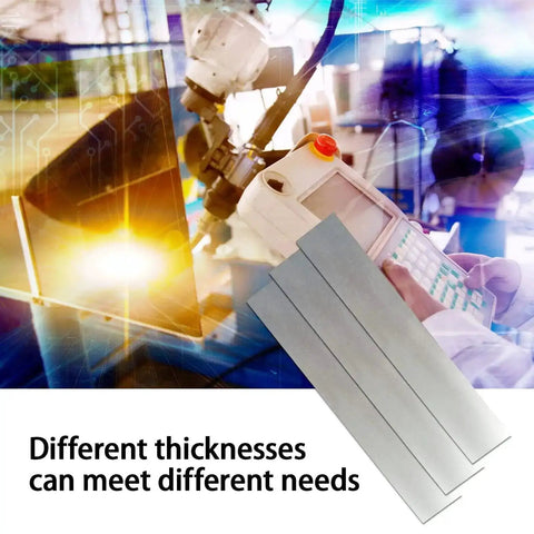 304 Stainless Steel Pro Grade Shim Stock Set 1 Inch Wide 6 Inches Long 0.001 0.0015 0.002 Inch Thickness Three Piece Kit For Precise Spacers Calibrations And Light Metal Shimming Needs shown over technical background