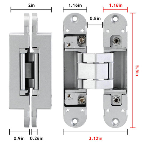 Hidden Door Hinges 5.5 Inch Open 180 Degrees, 3 Way Adjustable Invisible Butt Hinge for Secret Doors, Silver, 2 Pack
