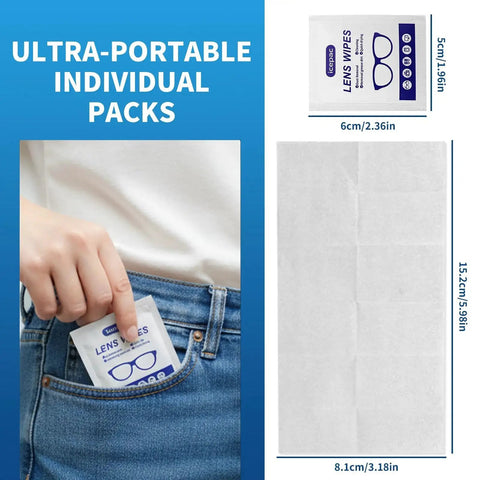 Person placing wrapped lens wipes for antireflective coatings and smudge-free clarity in pocket, showing ultra-portable individual packs.
