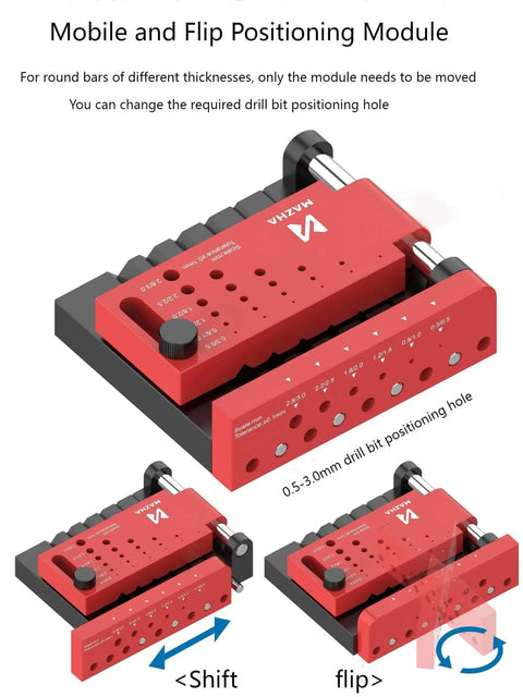 Pro Grade Round Rod Center Locator And Drill Shank Positioning Module Drill Guide Jig for precise hole drilling in models.