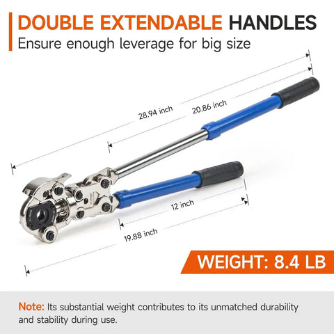 ProPress Copper Pipe Press Tool Kit With Cutter And Deburring Tool For Leak Free Connections On Half Inch Three Quarter Inch And One Inch Tubing Automatic Locking Crimper 360 Degree Rotating Head Extendable Handles Slip Proof Grips By IWISS showing double extendable handles