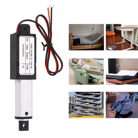 Mini 24V Electric Linear Actuator With 150N Thrust, IPX4, 30mm Stroke for electric doors and industrial machinery shown with usage examples.