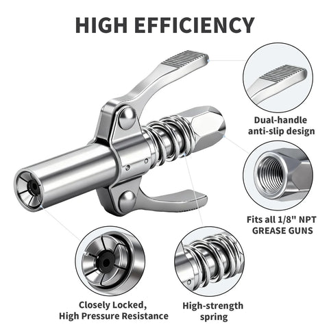 Grease gun coupler, 12000 PSI, dual-handle lock-on head, 1/8 NPT, universal fit for standard & metric zerk fittings.
