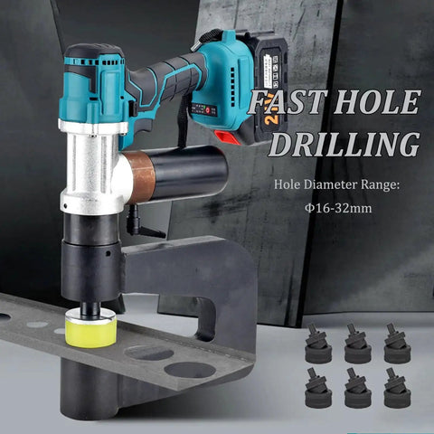Cordless Electric Hydraulic Hole Punch for Metal Sheets with 150mm Throat and Dual 6.0Ah Batteries in use