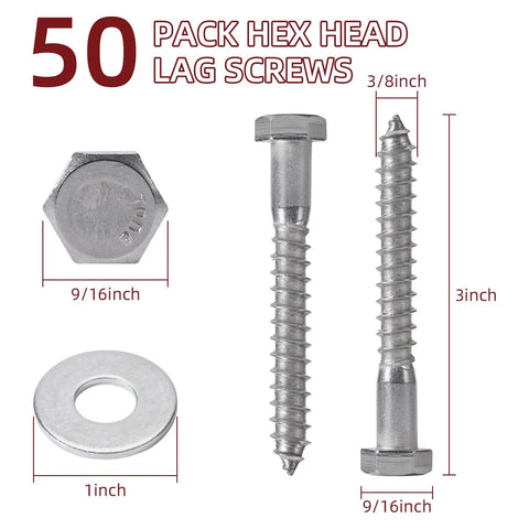 Heavy Duty Wood Lag Screws Set 304 Stainless Steel 3/8 Inch By 3 Inch Hex Head Bolts With Washers 50 Pack Includes 50 Washers And Hex Socket Drill For Decks Fences Outdoor Projects, visible hex head screws and washers with dimensions.