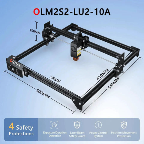 Powerful 10000mW Laser Engraver For Metal And Wood With Large 390 X 410 Mm Work Area, Ultra Precise 0.05 X 0.1 Mm Focus, 10W Output, Capable Of Cutting 30 Mm Acrylic And 20 Mm Wood, Ortur Laser Master 2 S2 LU2 10A with dimensions and safety features.