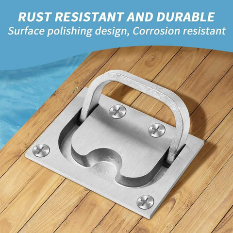 Stainless Steel Hatch Pull Flush Lift Ring installed on a wooden boat deck, rust-resistant design for hatches and cabinets, 2 pack