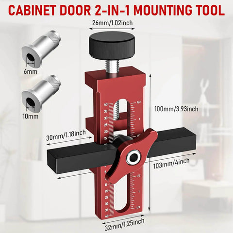 2-In-1 Cabinet Door Mounting Jig with Quick Edge Positioner shown with dimensions and dual mounting adapters
