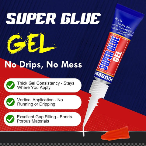 Super Glue Gel tube with precision tip showing no-drip formula for plastic, metal, ceramic, wood bonding. 12 Pack 3G Gel Glue Tubes For Plastic Metal Ceramic Wood Fast Dry CA Glue