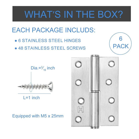 6 Pack Lift Off Door Hinges 4 Inch Heavy Duty Stainless Steel Detachable Right Hand Hinges with screws, rust resistant