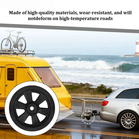 8 Inch Trailer Swivel Caster Wheel With Bolt Nut attached to towed RV on road, durable and wear-resistant.