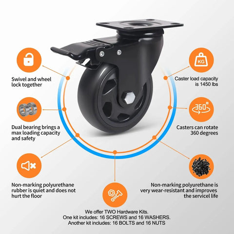Heavy Duty 4 Inch Swivel Caster Wheels Set Of 4 With Dual Locking Brakes 2000lbs Capacity Polyurethane Plate Casters For Cart Furniture And Workbench Easy Install Includes Screws Yaemiky