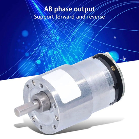 JGB37-520 DC12V Gear Motor with Encoder, high torque metal gearbox, AB phase output, forward and reverse, on blue tech background.