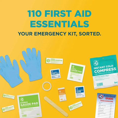 Grab And Go 110 Piece First Aid Kit For Home Office Car Travel Outdoor Sports And School with medical supplies display