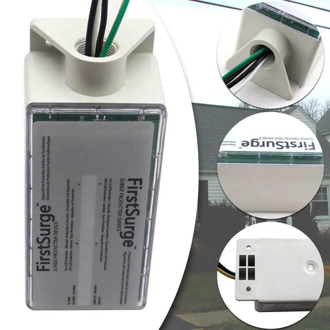 Whole House Surge Protector 140000 Amps SPD for 120V 240V Load Centers shown from various angles, showcasing design and installation features.