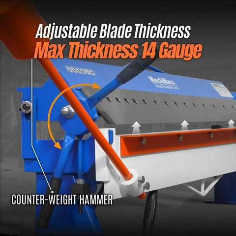 Close-up of 120 Inch Manual Sheet Metal Brake with 14 Gauge capacity, adjustable fingers, and heavy duty steel construction, Model PB12014.