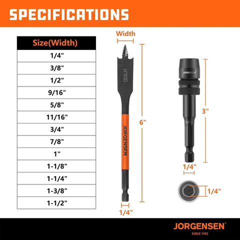 Effortless Wood Drilling 14-Piece Spade Bit Set With Self-Feeding Threaded Tip And Quick-Load Connector specifications chart