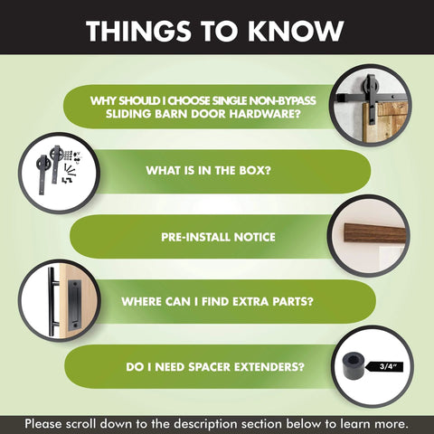 Infographic highlighting features and FAQs about non-bypass sliding barn door hardware kit, including installation and parts.