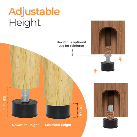 Diagram showing 8 Pack Rubber Adjustable Furniture Leveler Feet for Tables and Chairs with threaded M8 screws for height adjustment on legs.
