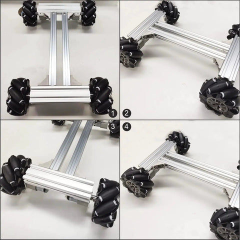 Professional 4WD Metal Robot Car Chassis Kit With 97mm Mecanum Wheels for AGV and DIY RC Robotic Moving Platform, top and angled views