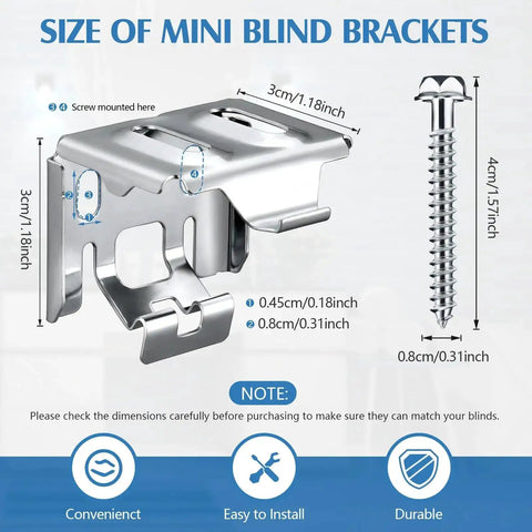 Six Pack Mini Blind Brackets 1.18X1.18 Inch with Screws, detailed size diagram showing bracket and screw dimensions for installation.