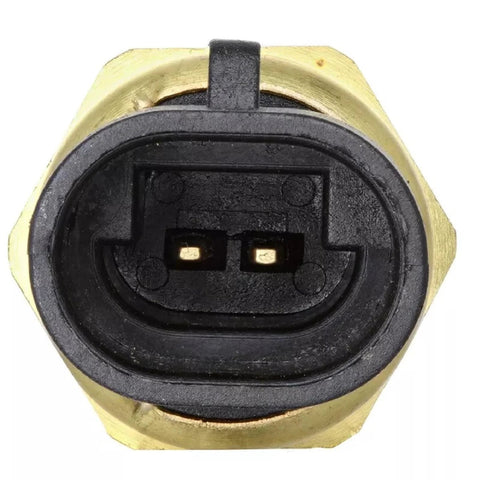 Engine coolant temperature sensor with brass body and black two-pin connector, front view.
