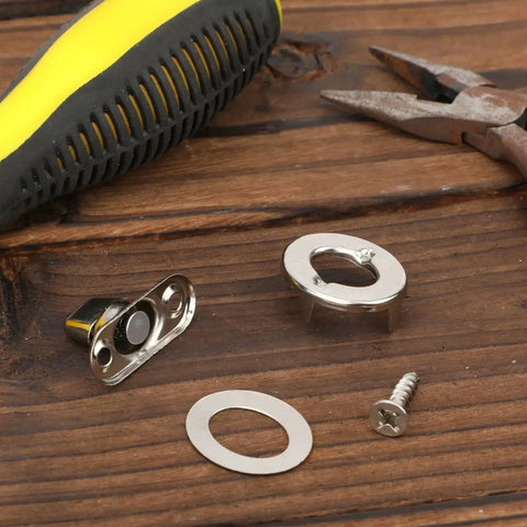 Twist Lock Fasteners Kit 25 Sets with Zinc Alloy Eyelets and Studs shown with tools on a wooden surface.