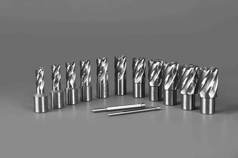 Annular Cutter Set For Magnetic Drill Press 13 Pc Weldon Shank Three Quarter Inch With Cutting Depth One Inch And Diameters From Seven Sixteenths To One And One Sixteenth Inch Made From Tough High Speed Steel HSS Kit With Two Pilot Pins