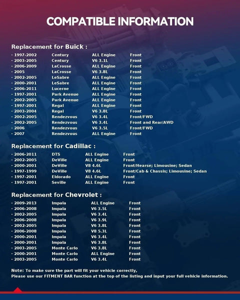 Compatibility chart for Front Wheel Hub Bearing Assembly With ABS 5 Lug covering Buick, Cadillac, Chevrolet models 1997-2008.
