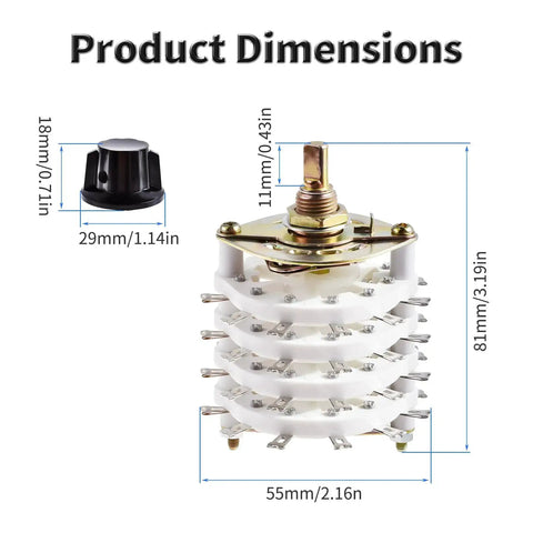 Rotary Band Switch 4P11T 4 Pole 11 Position Channel Selector Knob with dimensions; multi-deck switch for TV radio devices