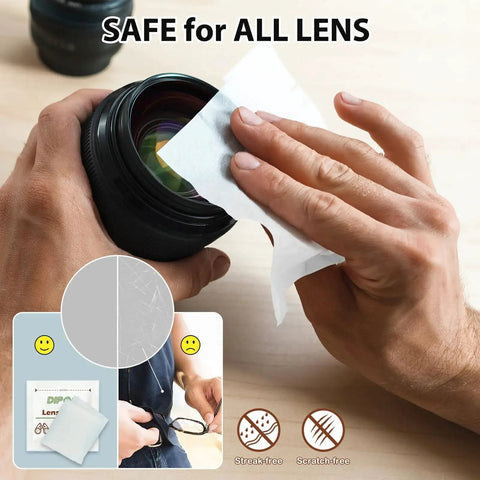 Hand cleaning camera lens with PreMoistened Lens Wipes For Eyeglasses And Camera Lenses Ammonia Free ScratchFree