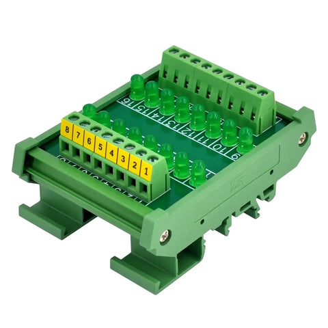 Sixteen Channel Green LED Indicator Light Module For DIN Rail Mount 5 To 50V DC Common Positive And Negative, showing terminals and LEDs