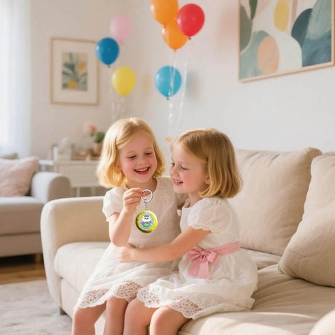 Two girls holding a keychain made with Epic 100 Pack Button Maker Kit For DIY Badges 2.25 Inch Metal Shells Back Covers