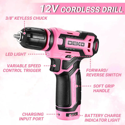 12V Cordless Drill from Pink Tool Kit Box Drill Set For Home DIY Enthusiasts with LED light and soft grip handle