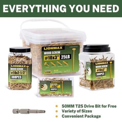 Assorted wood screws in containers, featuring 1-1/2 inch exterior wood screws with Torx drive T25 bit, epoxy coated tan rust resistant.