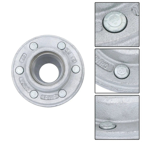 Galvanized Trailer Hub Kit 6 On 5.5 Inch Bolt Pattern For 5200 6000 Lb Spindle With Two Sets Of Five Piece Bearing Kits A Real Workhorse Wheel Hub Assembly For Utility Trailers Snowmobile And Boat Trailers shown from the top with close-up views of bolt pattern detail.