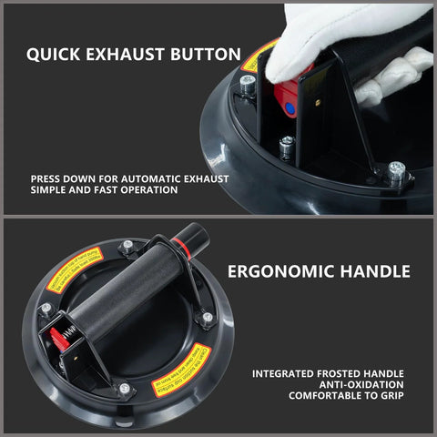 Close-up view of Two Pack 8 Inch Glass Suction Cups Heavy Duty Lifting Up To 880 Lbs showing quick exhaust button and ergonomic handle.