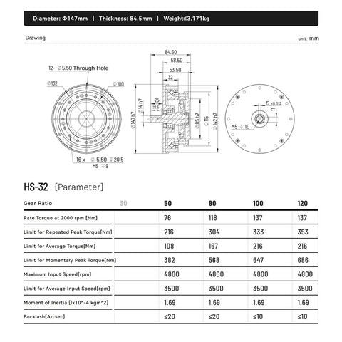 Technical drawing of Harmonic Drive Reducer SHF32 IV Strain Wave Gear Reducer for stepper motor with dimensions and specifications.